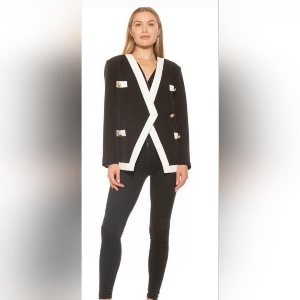 Alexia Admor Emele Oversize Contrast Trim Blazer Size XS Navy/White Gold Buttons